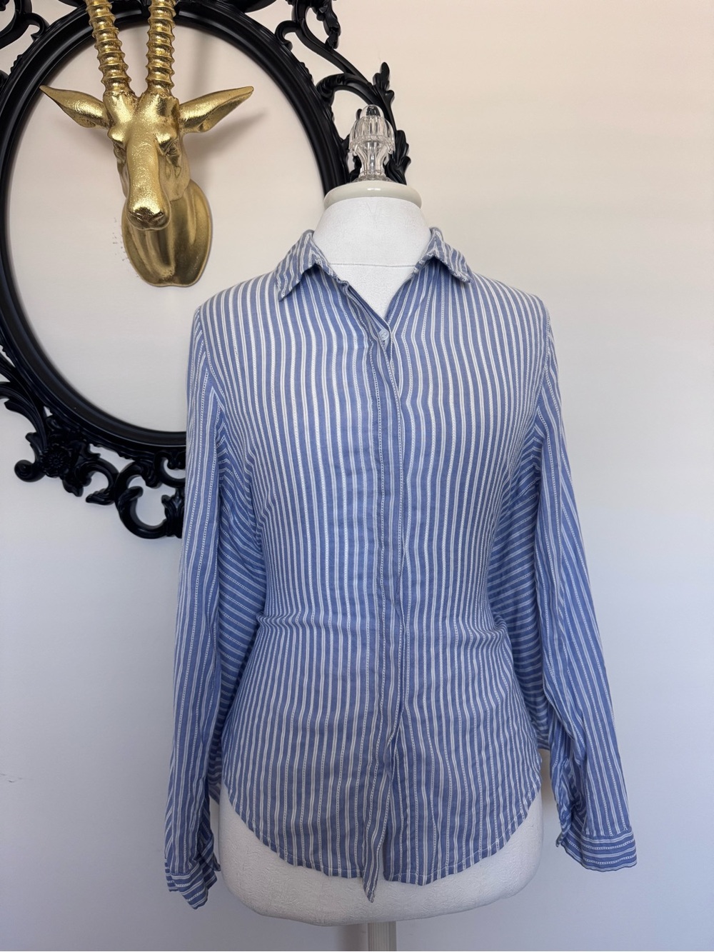 White Crow Blue and White Striped Button-Up Shirt with Back Tie